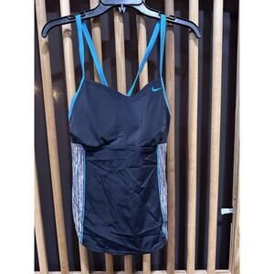 Nike Tankini Swimsuit Top Womens XL Black Blue Strappy Athletic Swimwear